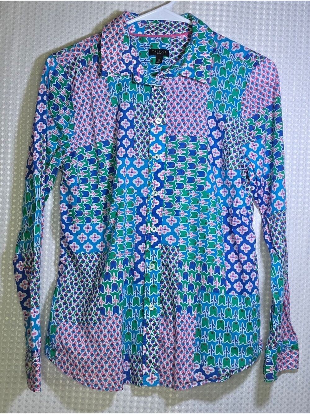 Talbots Petites Patchwork Print Button Front Blouse Blue Pink Green MP - Picture 7 of 16